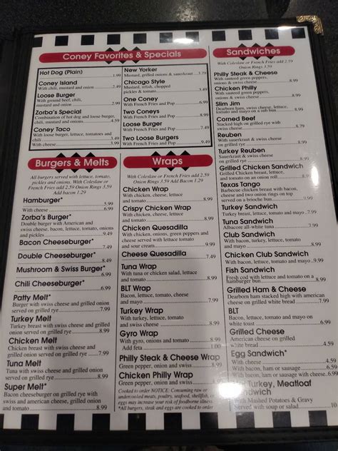 Menu at Zorba's Coney Island restaurant, Flat Rock