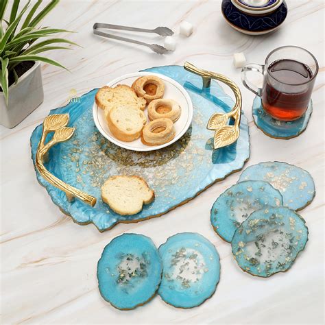 DULI Resin Multicolorpurpose Coasters And Tray With Golden Handle Set ...
