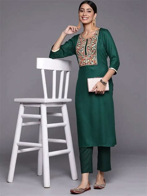 Buy Green Yoke Design Wool Straight Kurta Online at Rs.679 | Libas