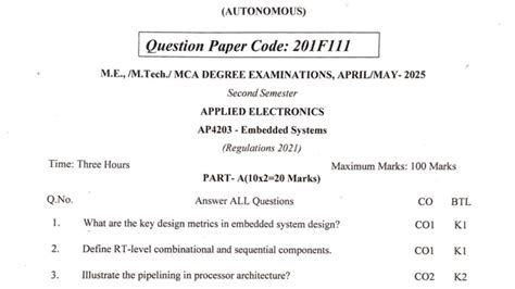 AP4203 - Embedded Systems Question Paper, M.E. & MCA Exams 2025 - Studocu