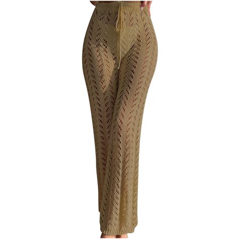 ameIAEA Women's High Waist Drawstring See Through Knit Pants Summer ...