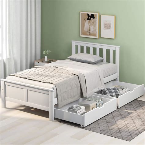 Tkopy Single Bed, White Solid Wooden Bed Frames with 2 Drawers, 3ft Single Bed with Storage for ...