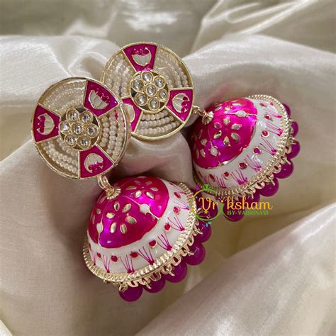 Hot Pink Meenakari Jhumkas-Hand painted-G8135 – vrikshamindia