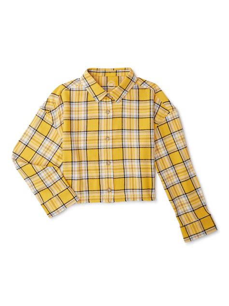 Wonder Nation Girls Long Sleeve Cropped Flannel Shirt, Sizes 4-18 ...