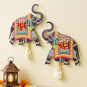 Buy CraftWala 1 Pair of Wood Shubh Labh for Door Entrance, Elephant ...