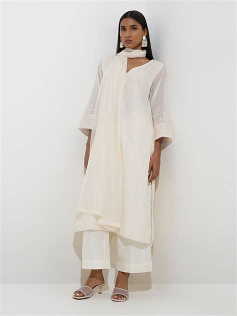 Buy Vark White Cotton-Blend Kurta, Palazzos and Dupatta Set from Westside