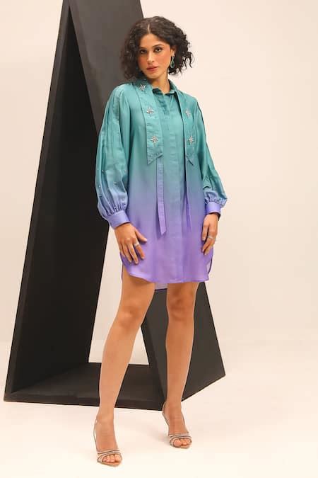 Buy Green Brocade, Satin Crystals Collared Abby Ombre Dress For Women ...