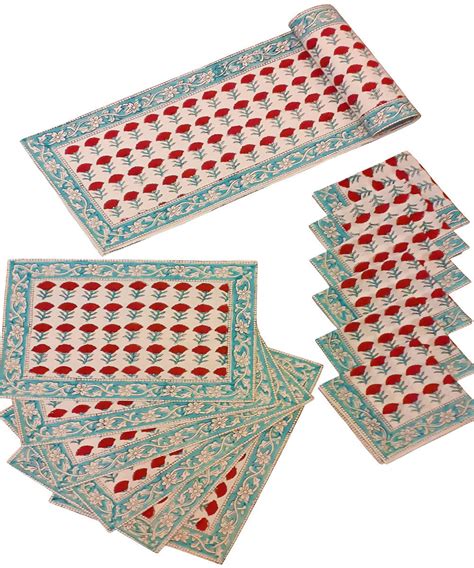 Multicolor hand block printed cotton table runner with 6 table mats an ...