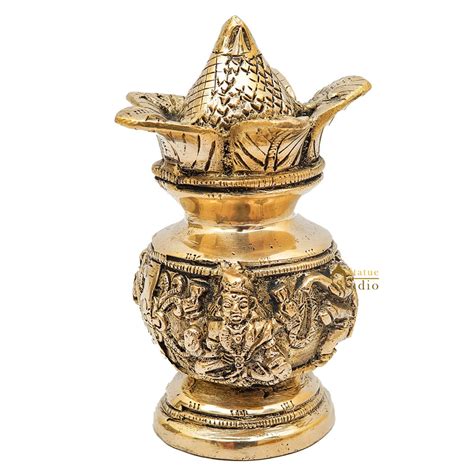 Brass Hindu Gods Engraved Kalash For Home Temple Pooja Room Dacor ...
