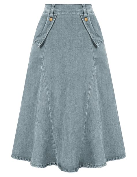 Belle Poque Women's Denim Skirts Vintage Elastic High Waist A-Line Long ...