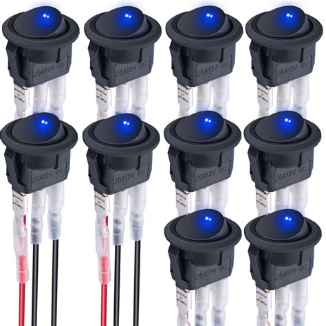 mxuteuk 10pcs 12V Wired Round Rocker Switch Blue LED Light Toggle ...
