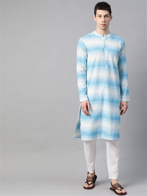 Men Off White & Blue Pure Cotton Handloom Ikat Woven Design Straight K ...