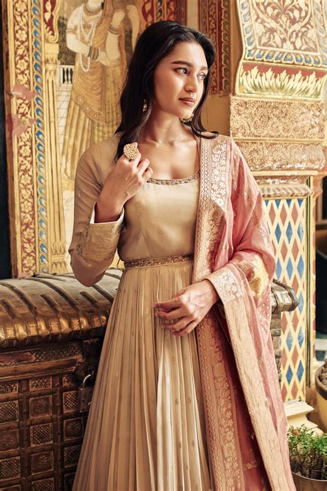 Light Beige Embroidered Brocade Silk Anarkali Set