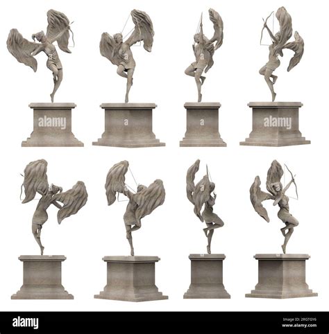 Isolated 3d render illustration of antique ancient stone female angel warrior statue on pedestal ...