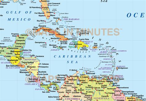 Digital vector Central America & Caribbean Political Map @10m scale with sea contours in ...