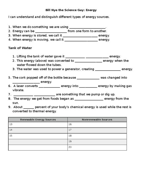 Bill Nye Energy Worksheet - Bill Nye the Science Guy: Energy I can ...