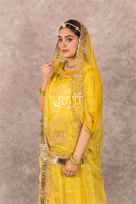 Golden Yellow Ombre bamber satin Zardosi Handwork Rajputi Poshak with