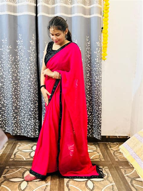Brick red pure georgette saree hand embroidered black lace with fringe ...