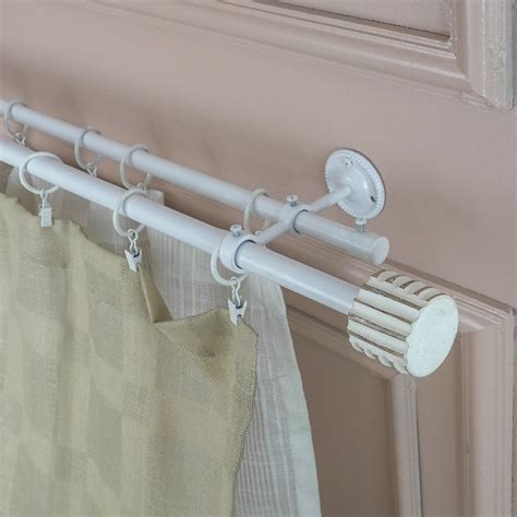 Linear White Distressed Finial Extendable Single Double Curtain Rod Wh ...