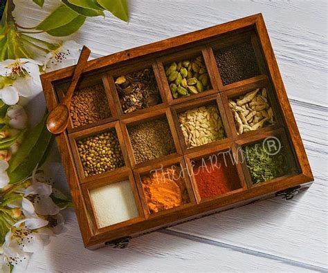 THEHEARTWILL® Wooden Spice Box Set For Kitchen With 2 Spoon In Sheesham ...