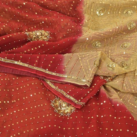 Sanskriti Vintage Red/Beige Sarees Pure Georgette Hand Beaded Sari Cra