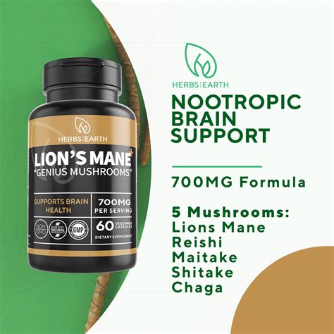 Lions Mane + 700mg 60 Capsules Chaga, Reishi, Maitake, Shiitake Genius Mushrooms for Nootropic ...