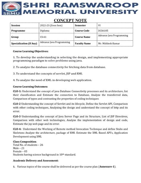 Adv java - CONCEPT NOTE Session 2022-23 (Even Sem) Semester VI ...