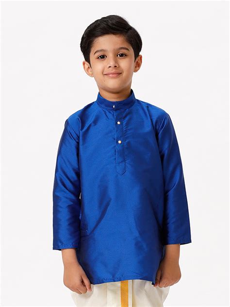 Boys Silk Cotton Full Sleeves Royal Blue Kurta-Front view