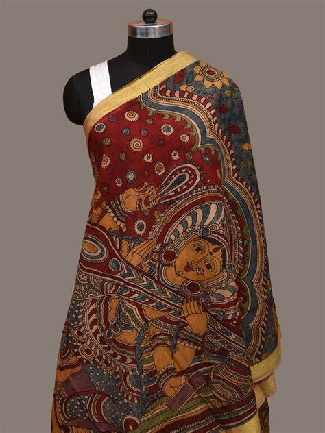 Multicolor Kalamkari Hand Painted Cotton Handloom Dupatta with Saraswa ...