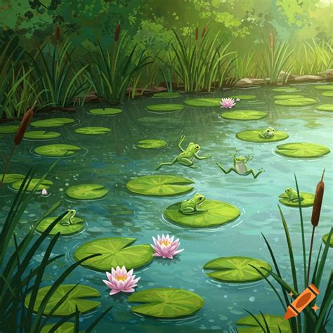 A pond with frogs hopping on lily pads among flowers and grass. on Craiyon