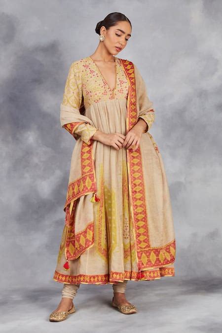 Buy Beige Anarkali Handwoven Cotton Tissue Digitally Printed Jaal Of ...