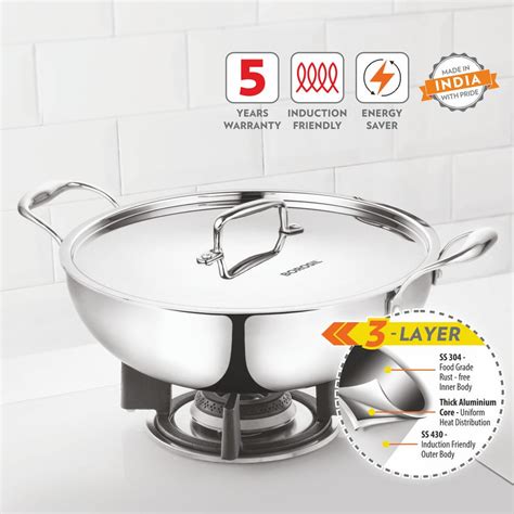 Cookfresh Triply SS Kadhai with Lid,(1.6L) Induction/Gas Stove Safe |SS ...