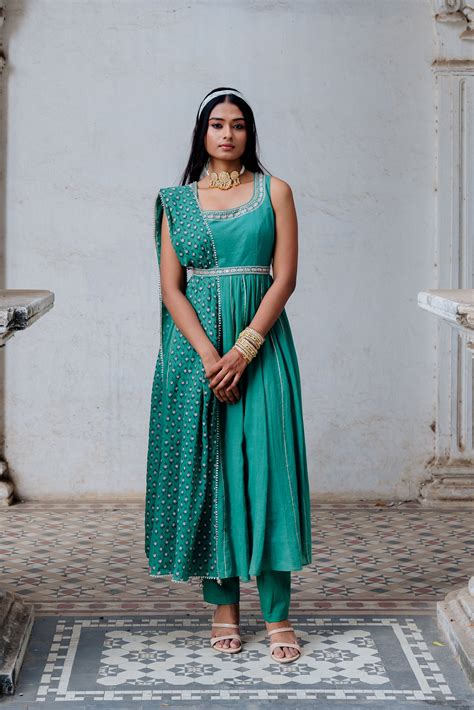 Green Cotton Mulmul Flared Anarkali Set – Ivory by Dipika