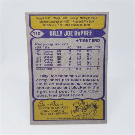 1979 Topps #110 Billy Joe DuPree Dallas Cowboys NFC All Pro TE NFL ...