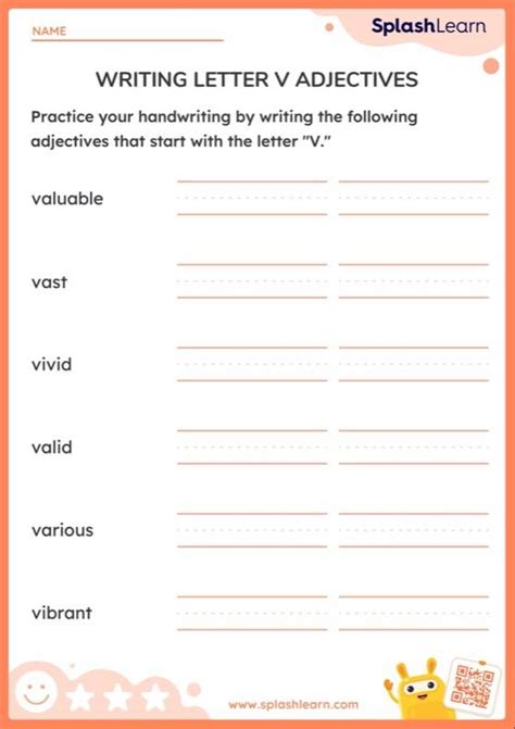 Writing Practice: Letter V Adjectives - Worksheet