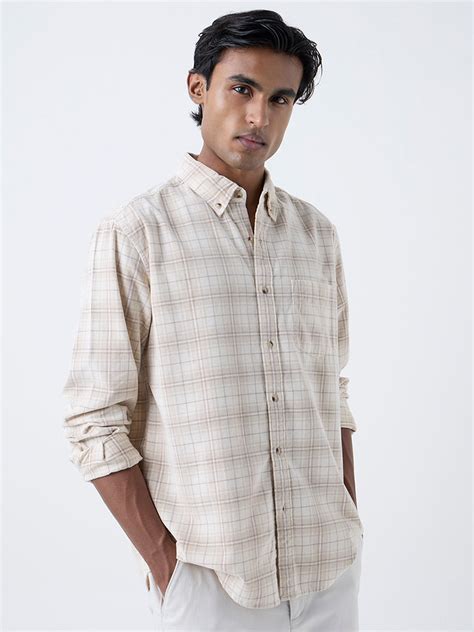 Buy WES Casuals Cream Checks Design Relaxed-Fit Cotton Shirt from Westside