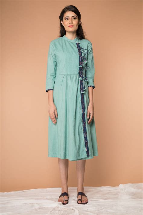 Shop Wrap Dress with Pin Tucks in Sea Foam Green Cotton | Vinusto