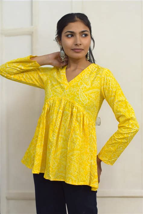 Yellow V - neck peplum top – Jaipur Hand Block