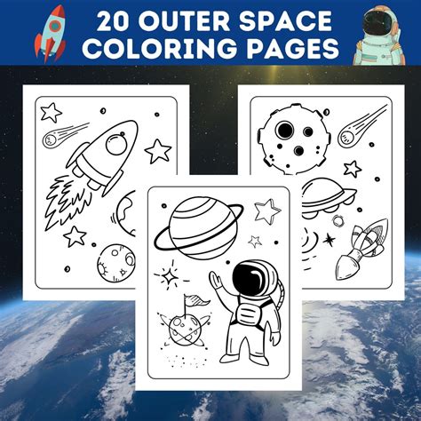 20 Outer Space Coloring Pages Bundle, Rockets, Planets, Stars ...