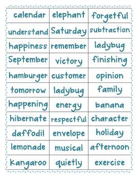 List Of Two And Three Syllable Words