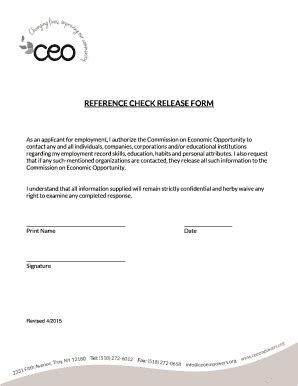 Fillable Online ceoempowers REFERENCE CHECK RELEASE FORM - Troy NY ...