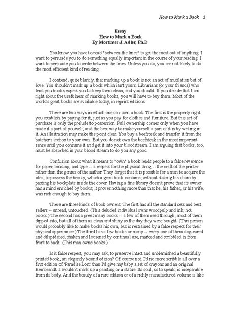 Reading 1 - How to Mark a Book, by Adler, M - Essay How to Mark a Book ...