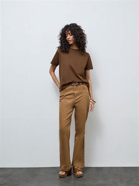 Buy LOV Dark Brown Solid Cotton T-Shirt from Westside