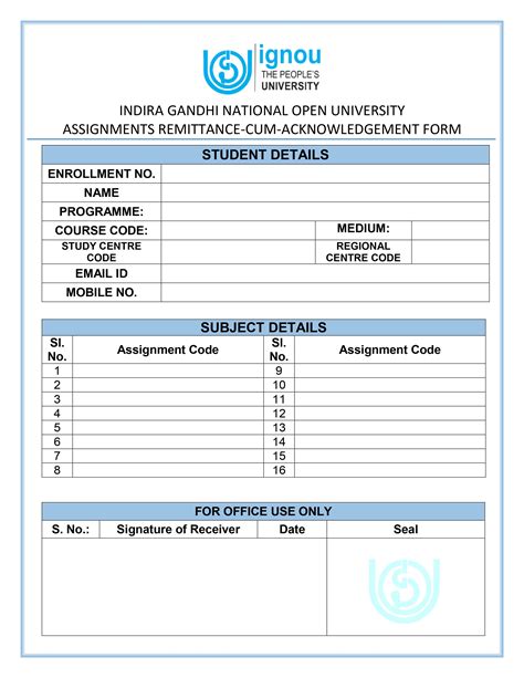 Image result for Ignou Assignment Remittance Form