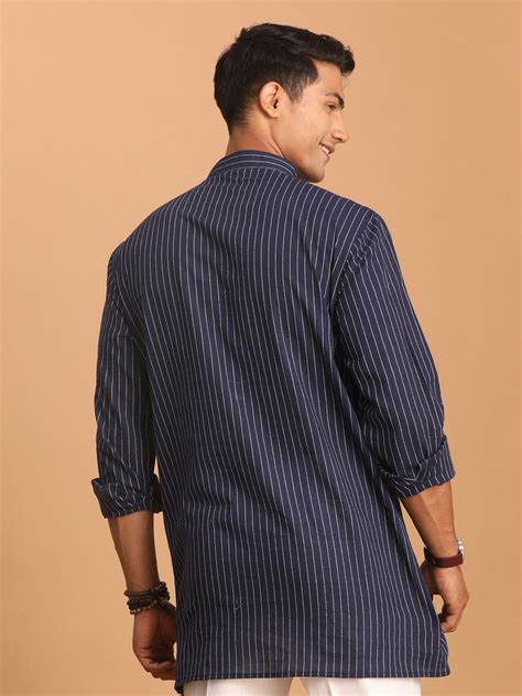 Men's Navy Blue Striped Cotton Short Kurta – vastramay
