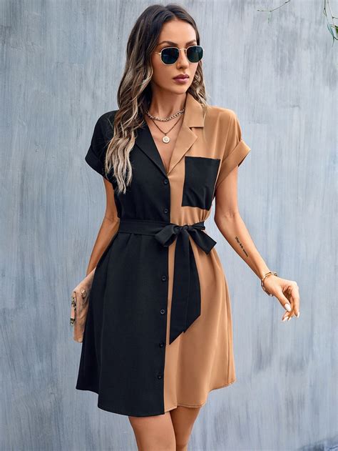 Colourblock Button Front Belted Shirt Dress in 2025 | Classy dress ...