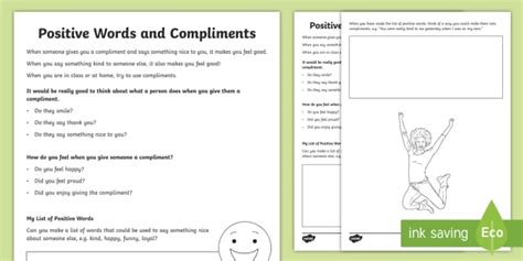 Positive Words and Compliments Worksheet (teacher made)