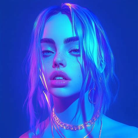 3d photo of a girl with blue eyes and a blue hoodie with a yellow light ...