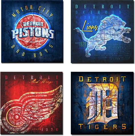 Amazon.com: Detroit City Sports Team Poster Sports Vintage Map Canvas Wall Art Print Artwork ...