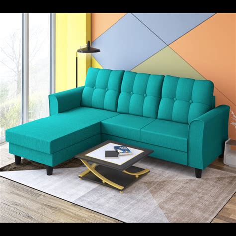 Adorn India Maddox Tufted L Shape 4 Seater Sofa Set (Aqua Blue) (3 Yea